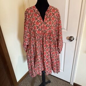 House Of Sundar Dress Womens Medium Pink Floral Cotton Kaftan Mini Boho Pockets